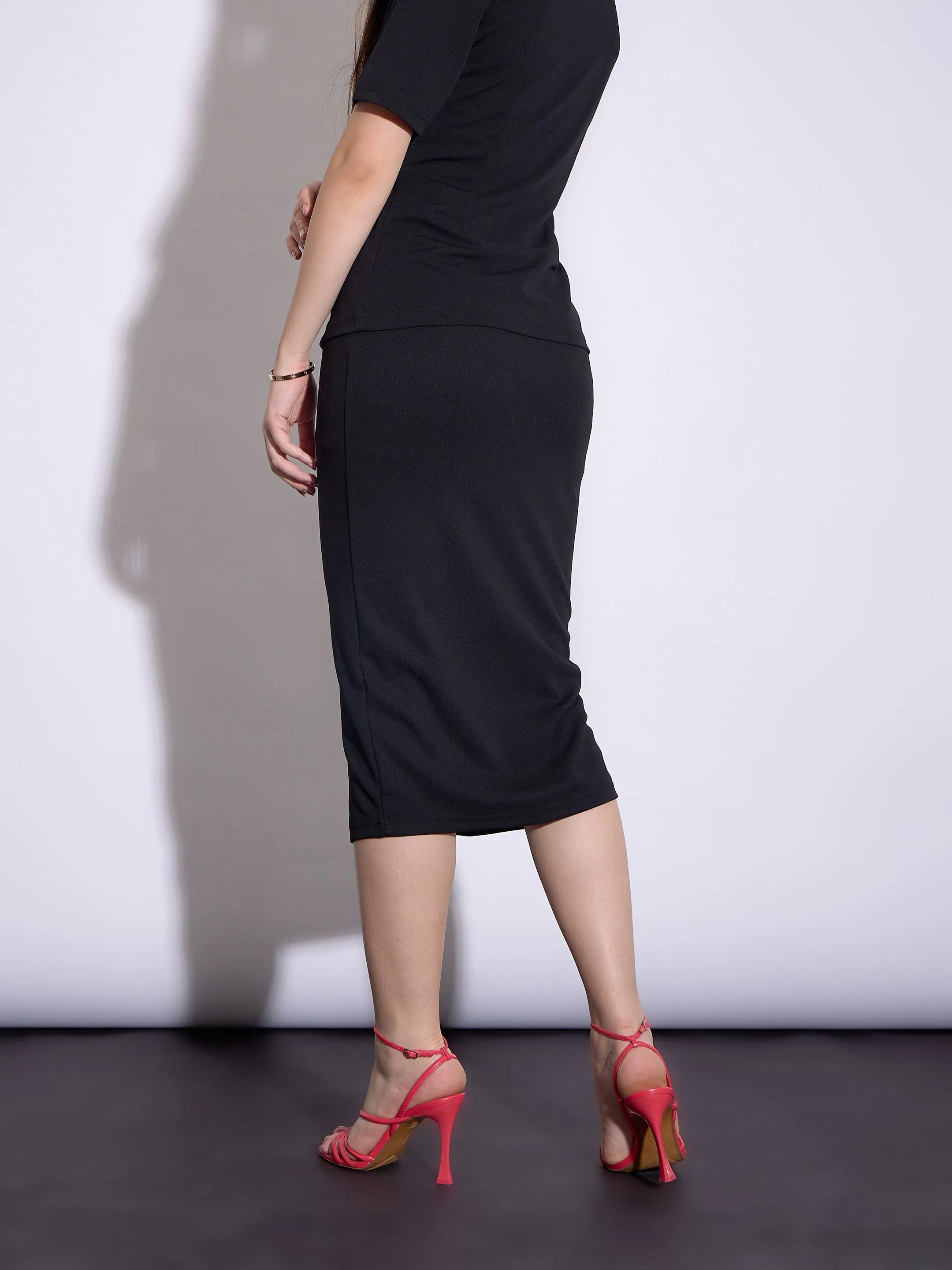 Women Black Front Slit Midi Skirt