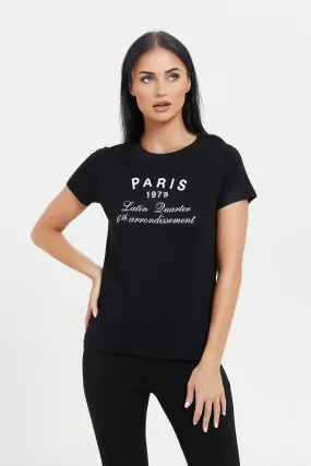 Women Black Paris Printed T-Shirt