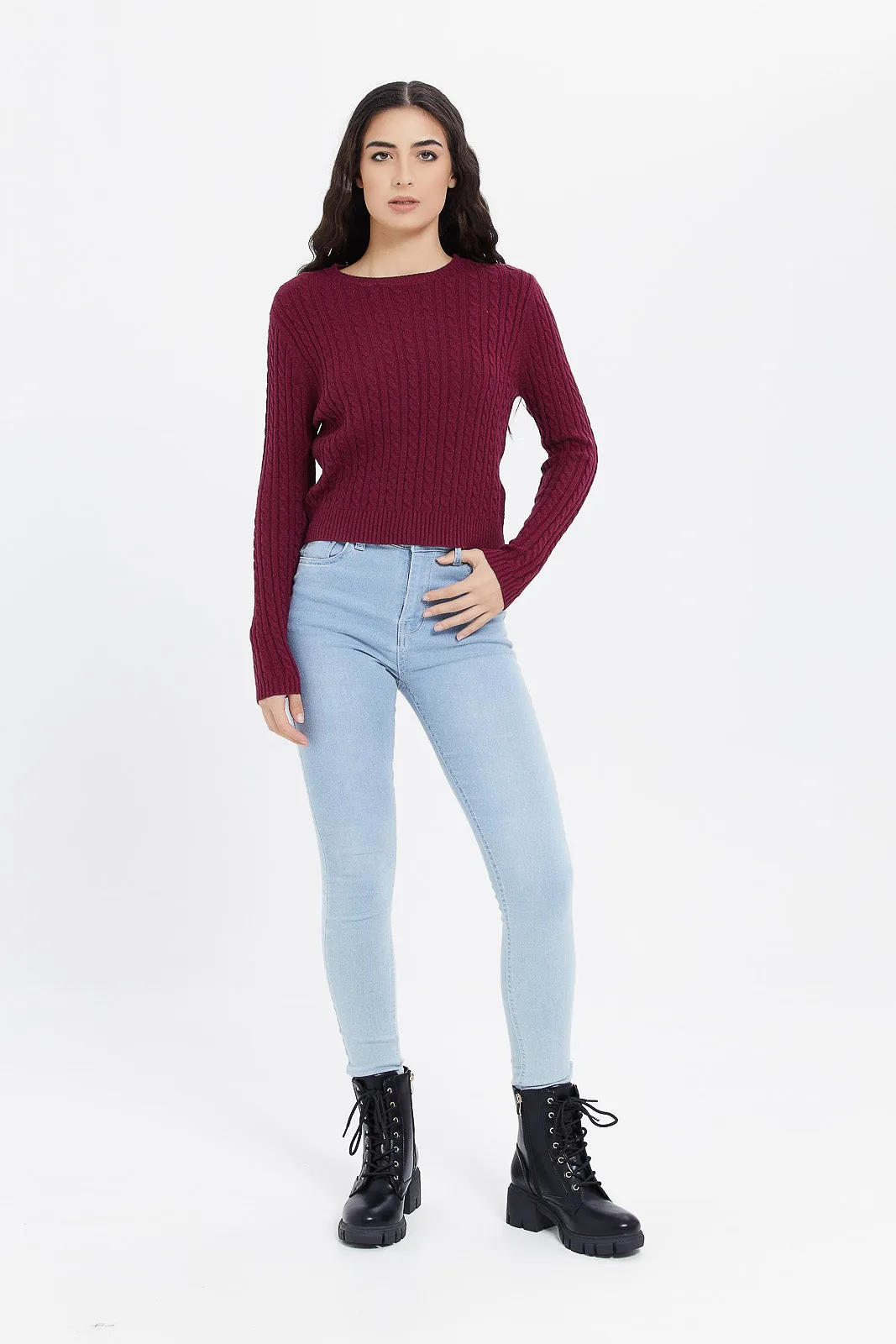 Women Burgundy Knitted Pullover