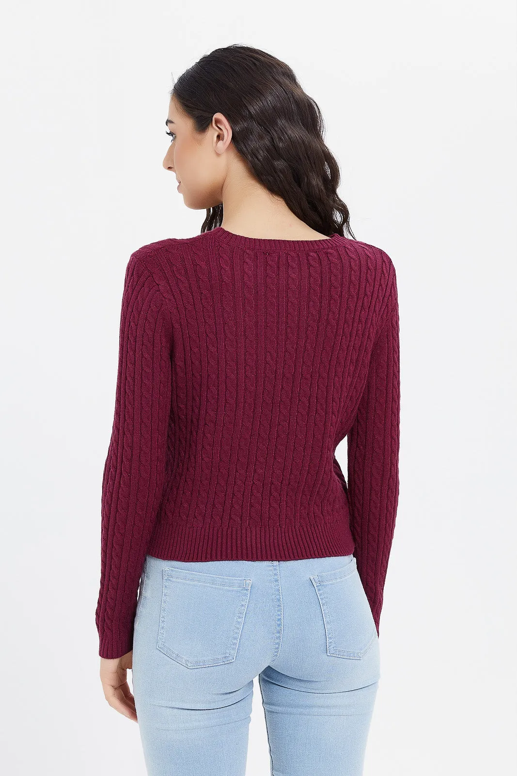 Women Burgundy Knitted Pullover