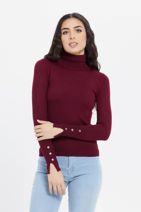 Women Burgundy Turtle Neck Pullover