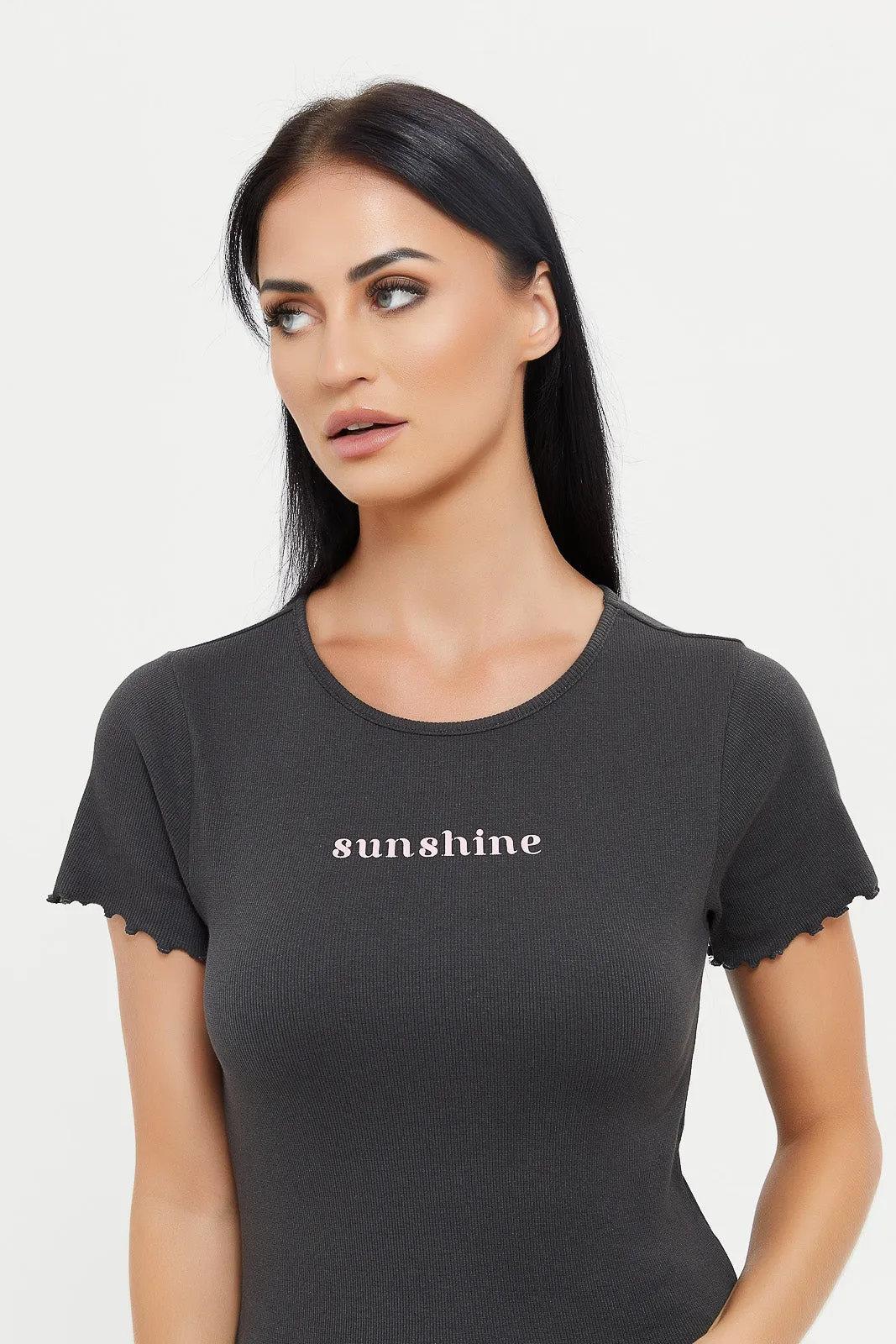 Women Charcoal Printed Ribbed T-Shirt