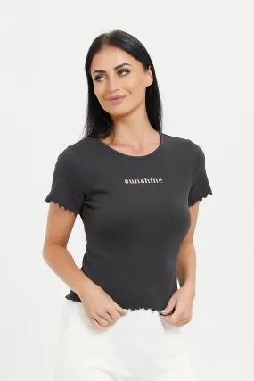 Women Charcoal Printed Ribbed T-Shirt