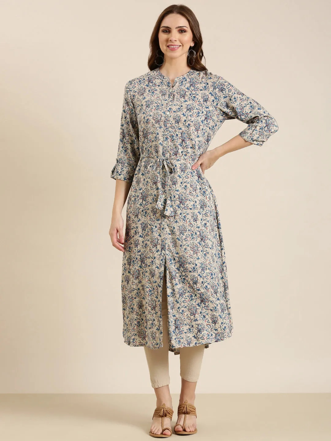 Women Grey Floral A-Line Kurta