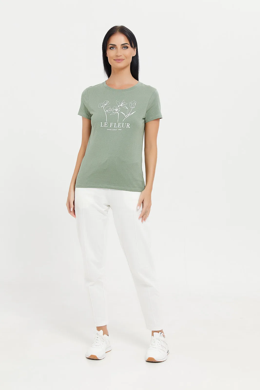 Women Olive Le Fleur Printed T-Shirt