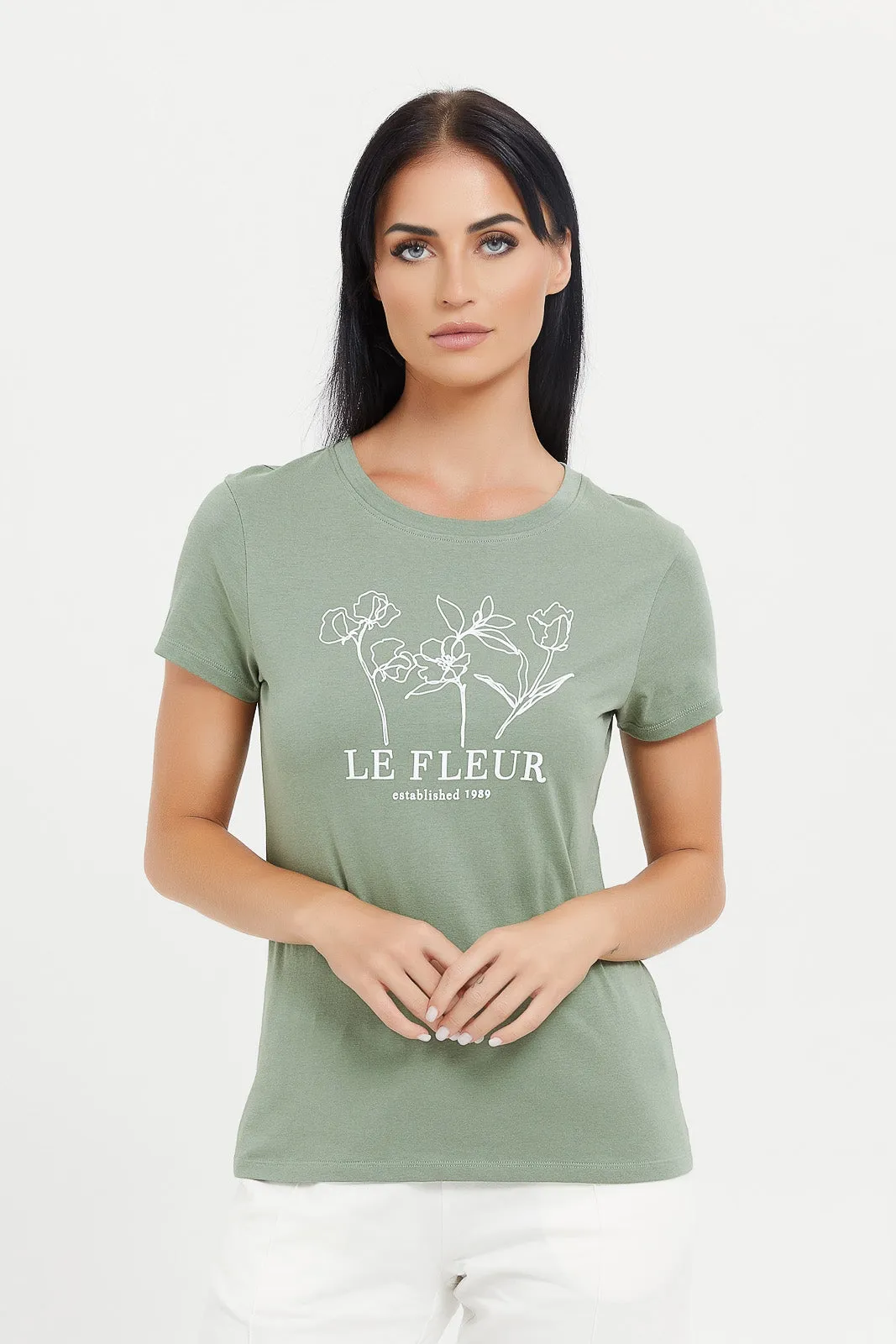 Women Olive Le Fleur Printed T-Shirt