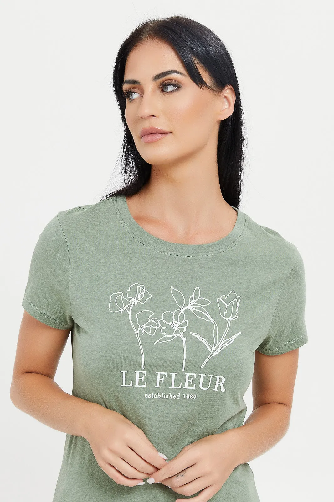 Women Olive Le Fleur Printed T-Shirt