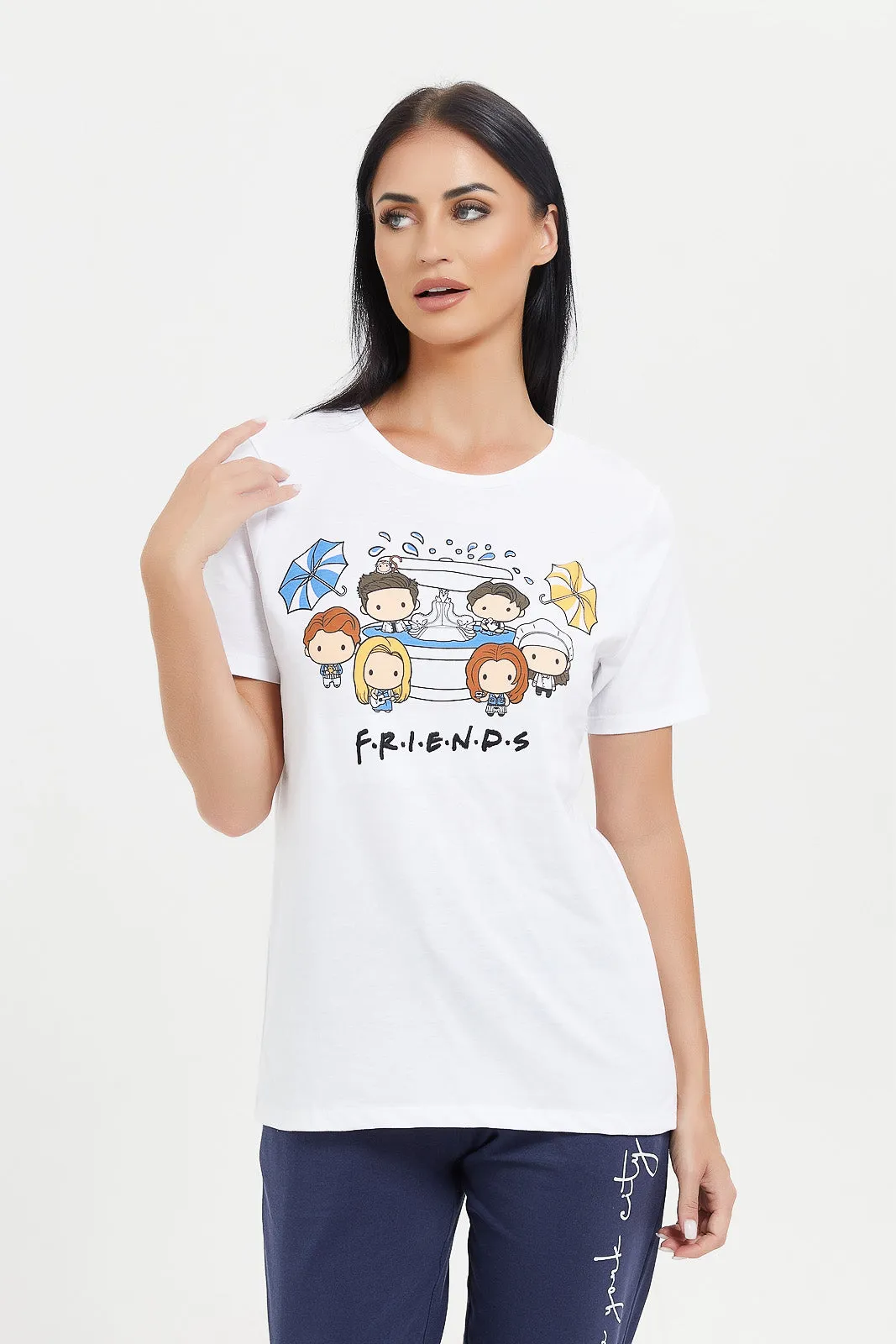 Women White Friends Cartoon T-Shirt