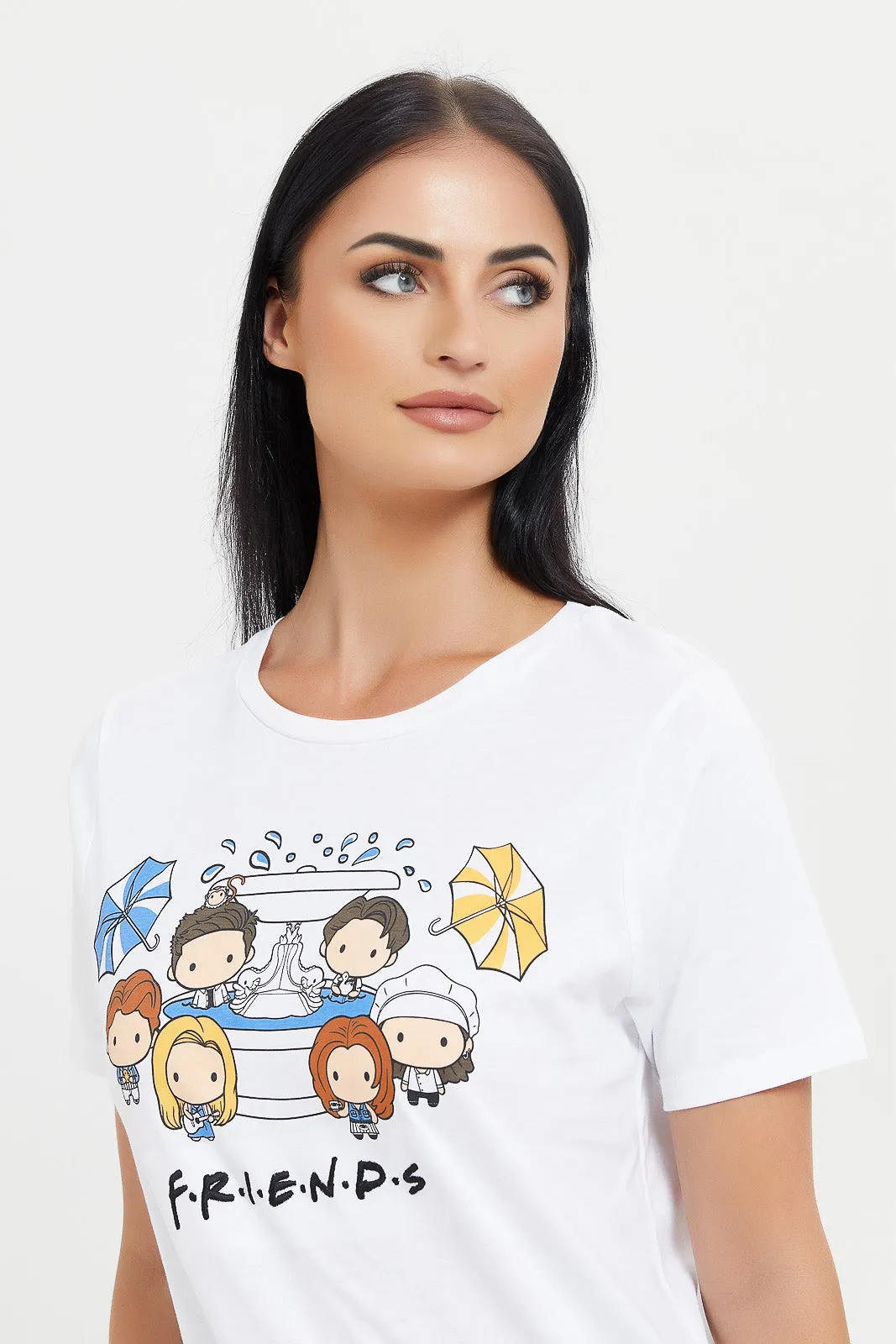 Women White Friends Cartoon T-Shirt