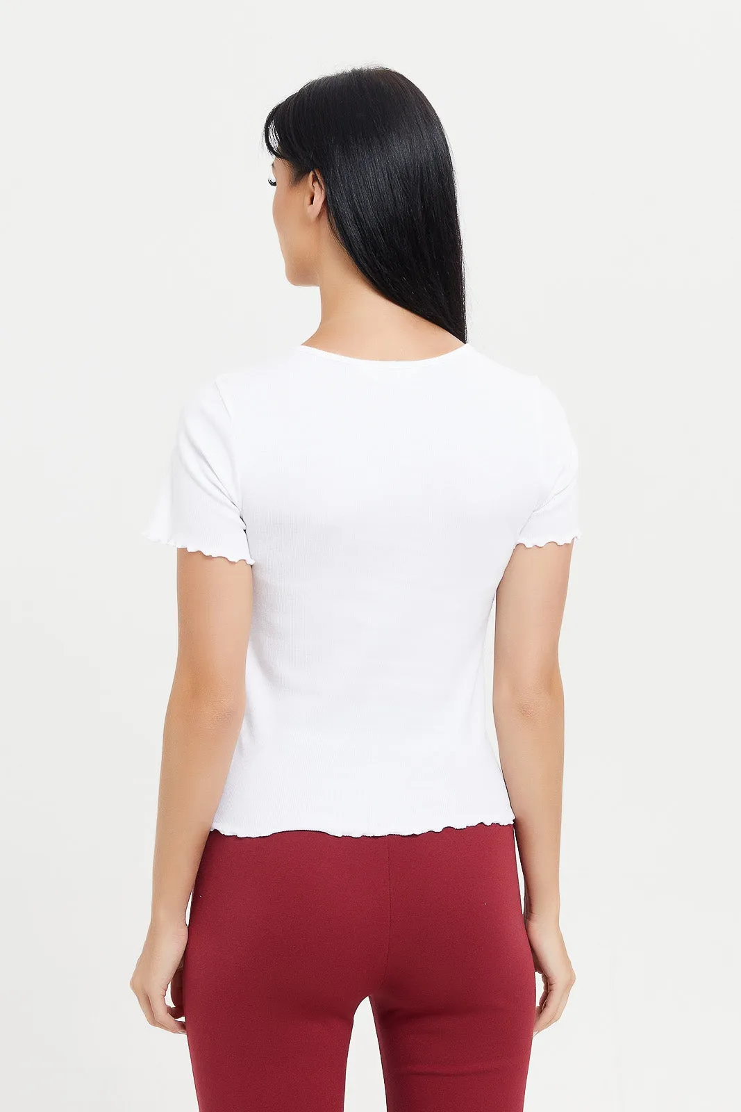 Women White Printed Ribbed T-Shirt