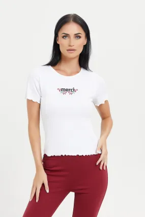 Women White Printed Ribbed T-Shirt