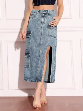 Women's Blue Straight-Fit High-Rise Non-stretchable Denim Midi Skirt