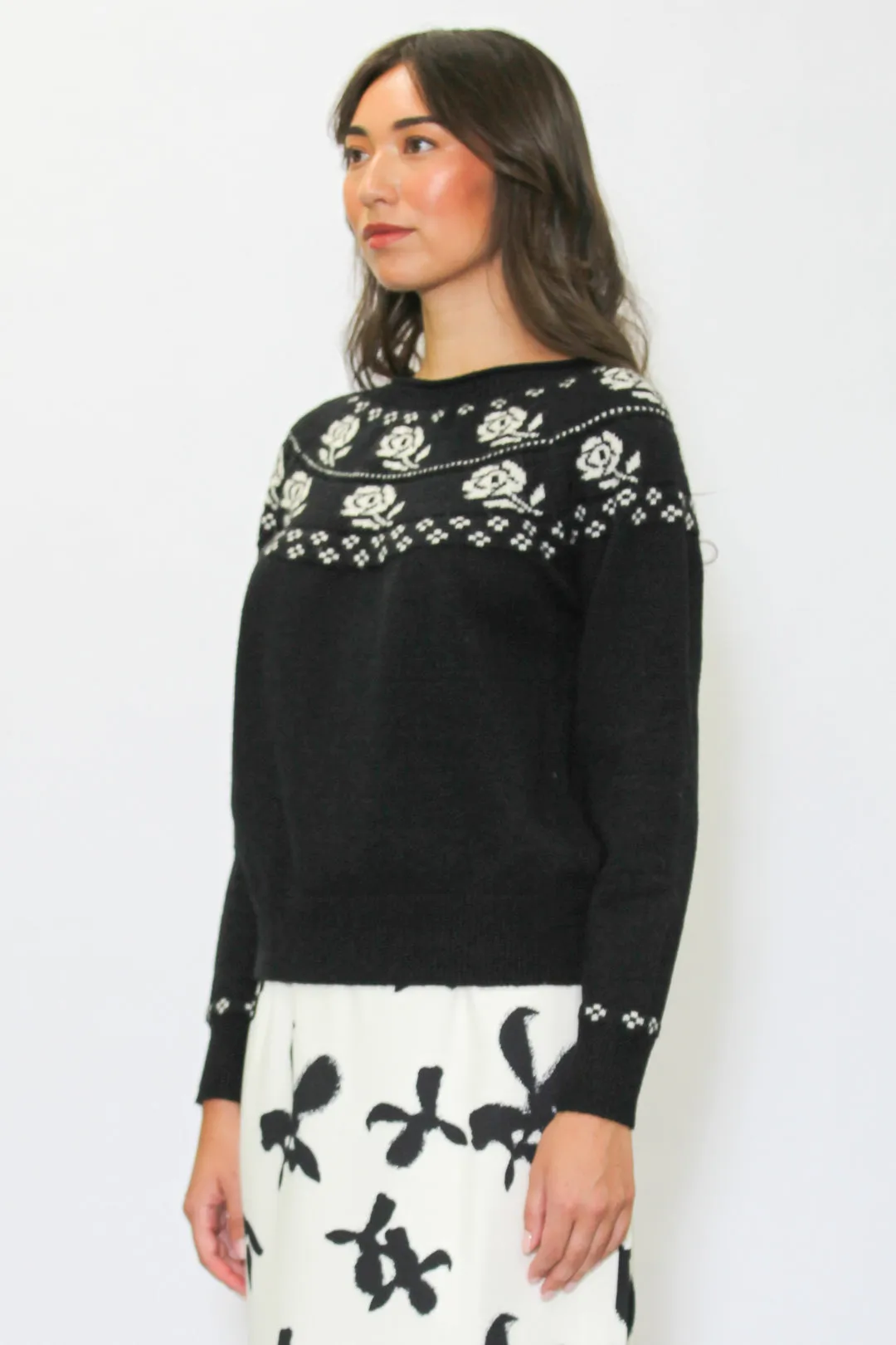 Wool Black White Rose Sweater