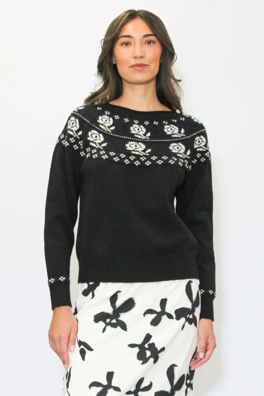 Wool Black White Rose Sweater