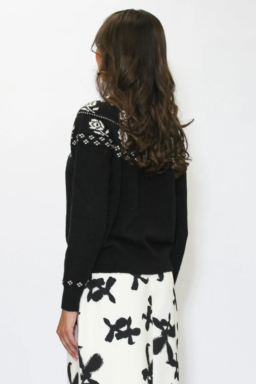 Wool Black White Rose Sweater