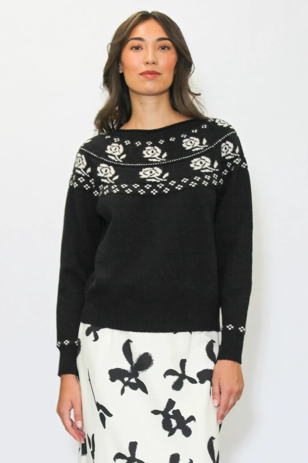 Wool Black White Rose Sweater