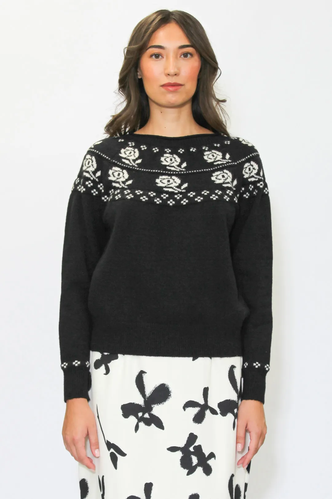 Wool Black White Rose Sweater