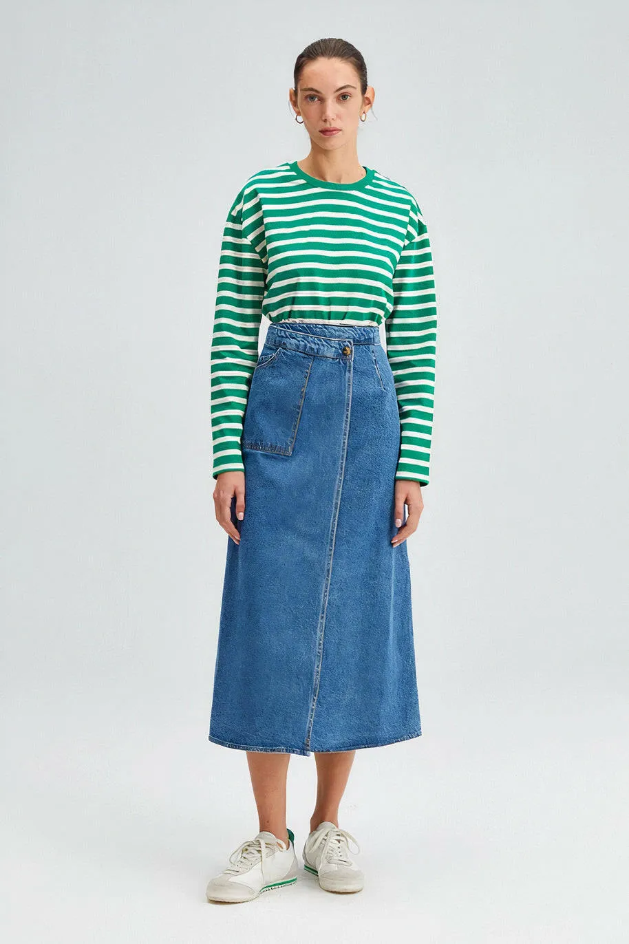 Wrap Denim Midi Skirt