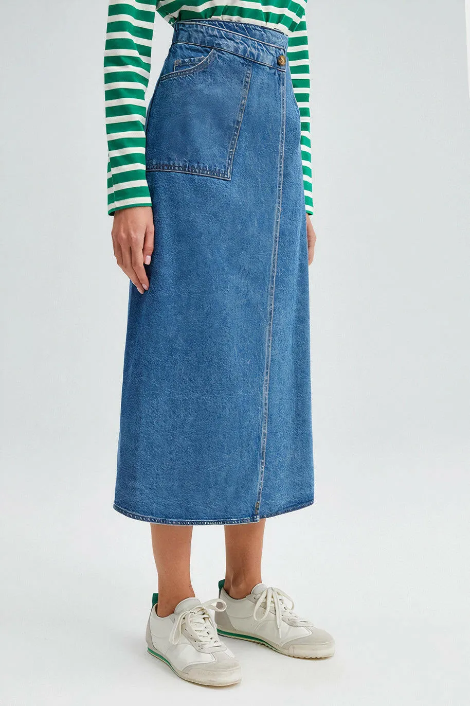 Wrap Denim Midi Skirt