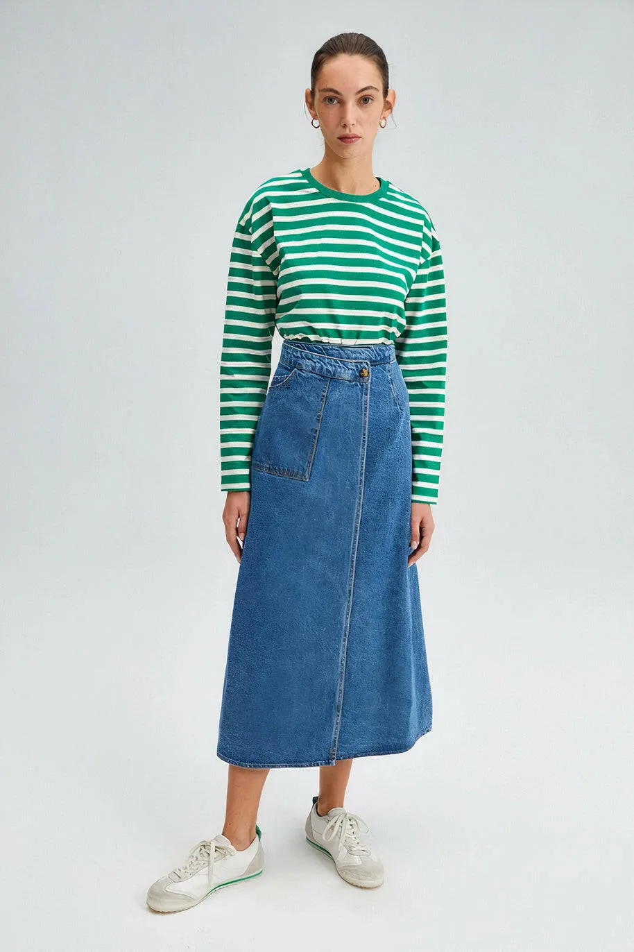 Wrap Denim Midi Skirt