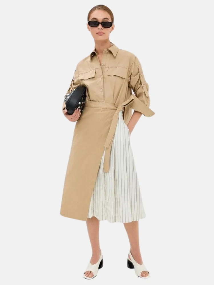 Wrap Shirt Dress With Pleated Poplin Combo