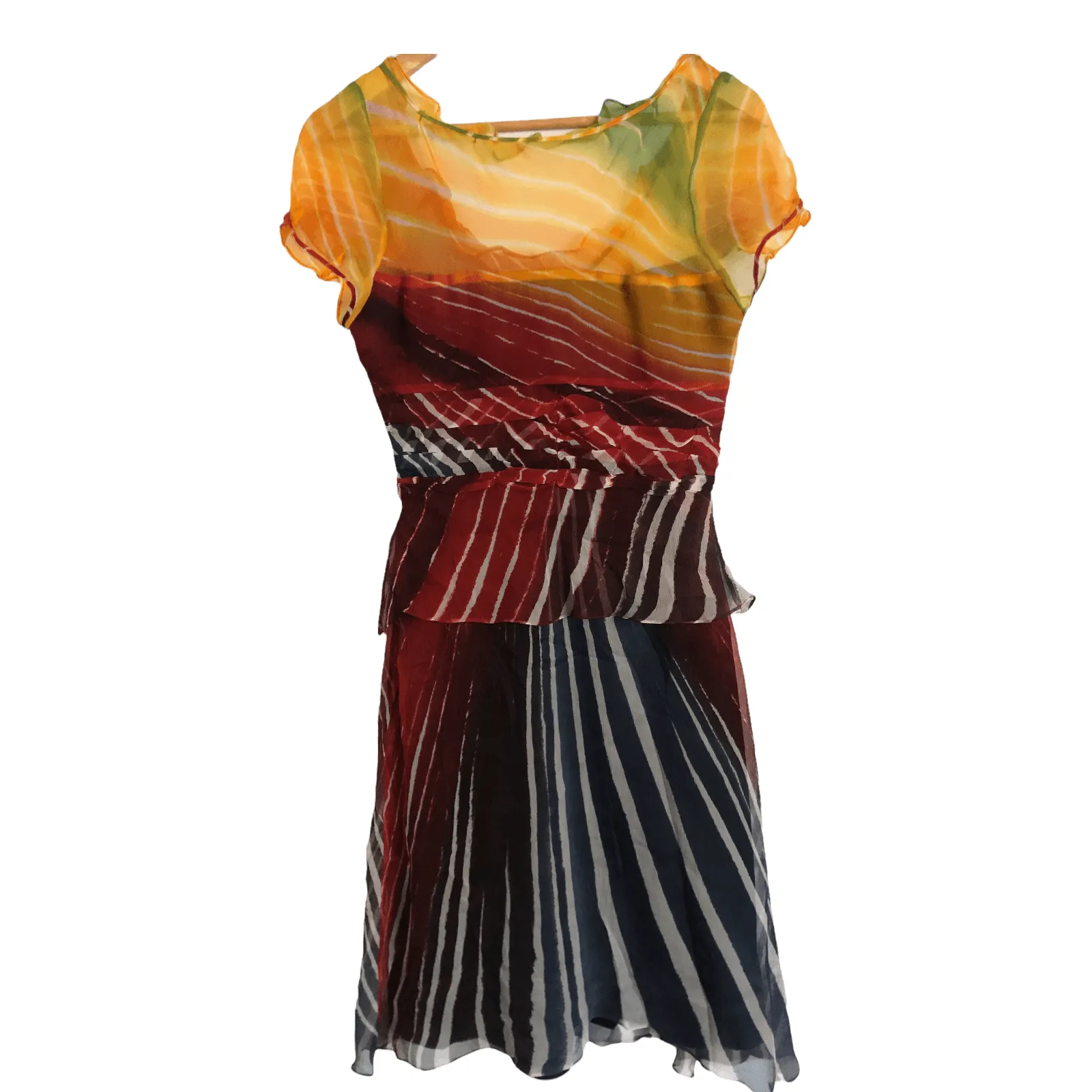 Zapa 100% Chiffon Silk Short Sleeve Summer Dress Multicoloured Stripe Print BNWT UK Size 8-10